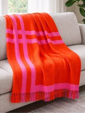 Kate Spade Throw Blanket Orange Red Pink Stripe Fringe 60x70
